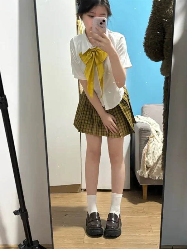 Original College Style Short Sleeve JK Uniform Top with Waist Cinching Sunflower Skirt Set Japanese School Uniform Outfit