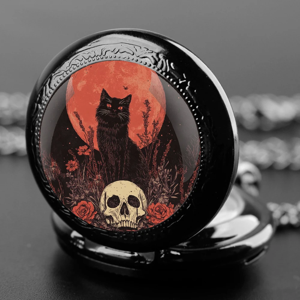 Кварцевые карманные часы со стеклянным куполом «Черный кот» и цепочкой, функция мира, аналоговый дисплей для женщин, мужчин, детей, ювелирные изделия, кулон