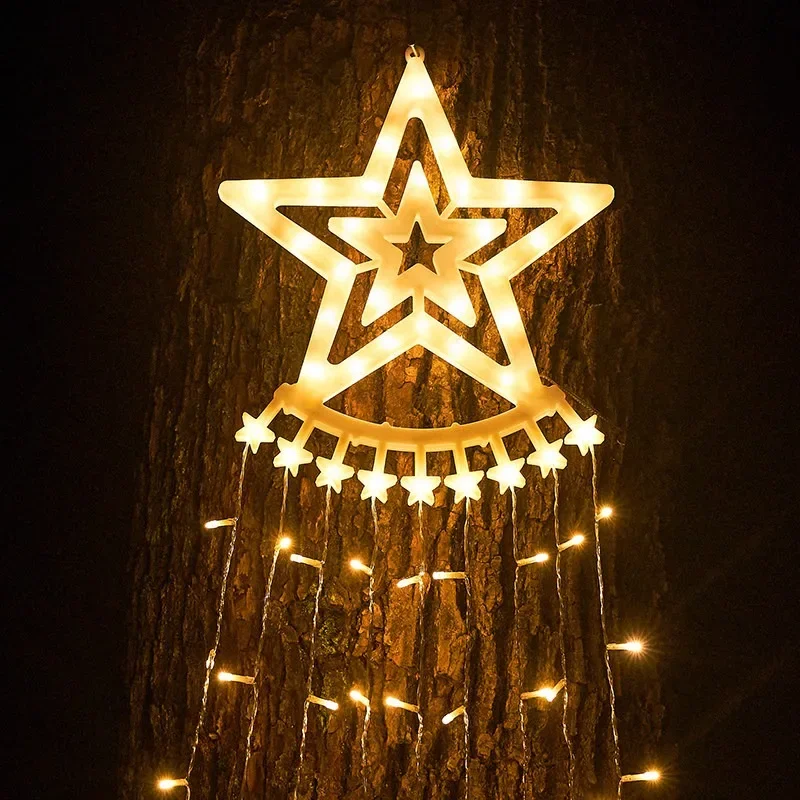 New Solar Pentagram Waterfall Running Water Light, Hanging Tree Light, Christmas Garden Outdoor Decorative Light