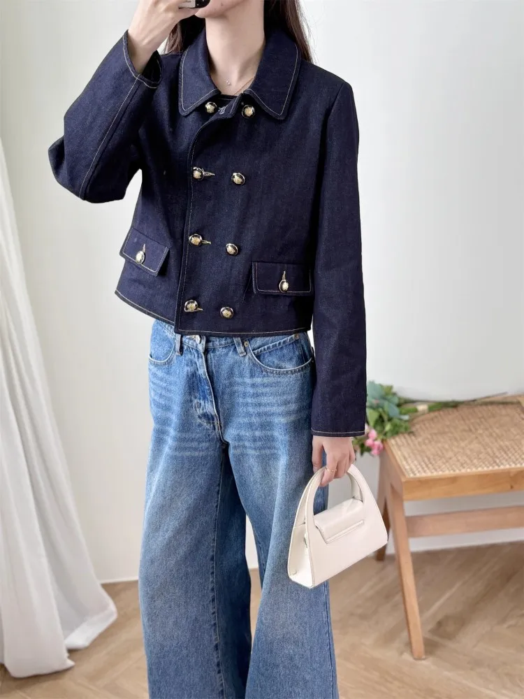 Set Jaket Denim Manis Fashion Musim Gugur Mantel Kerah Lipat Berkancing Dua Set Dua Potong Pakaian Rok Ruffle Mini Di Atas Lutut