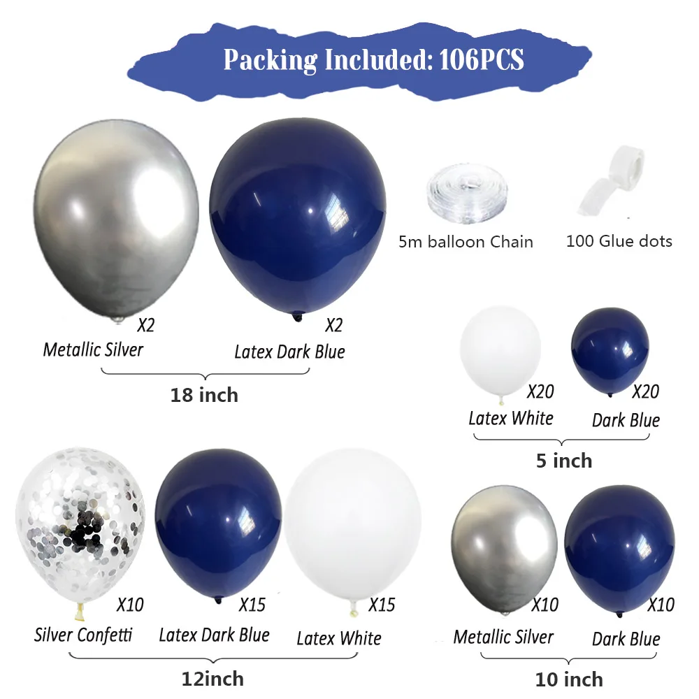 Silver Navy Blue Set Mixed Confetti Latex Balloon Kit For Kids Boy Bar Mitzvah Party Favor Wedding Birthday Holiday Decor
