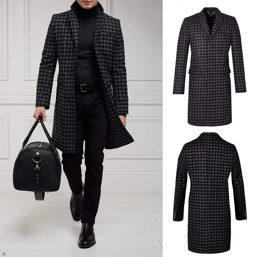 Houndstooth Men Long Coat  Wool Blends Notched Lapel Trench Coats Single Breasted One Piece Set Business Blazers Customized