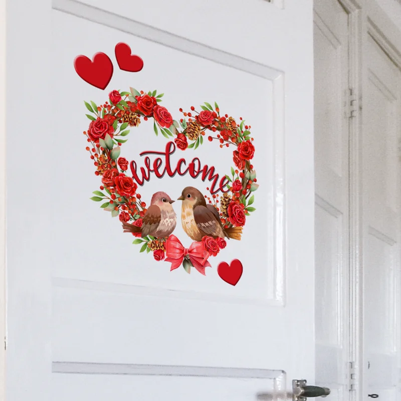 Valentine's Day Red Rose Heart Flower Wreath Bird Decoration Window Door Sticker Living Room Bedroom Background Wall Sticker