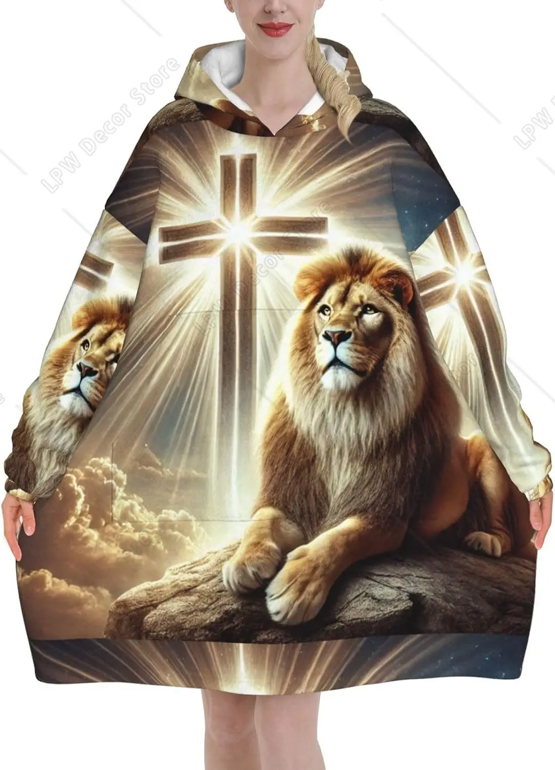 Adult Long Sleeve Flannel Hoodie Blanket Jesus Lion Cross Soft Fuzzy Hooded Sweatshirt Lounging Pullover