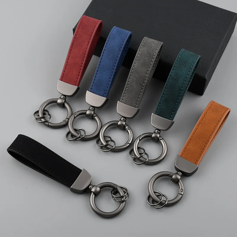 Nubuck Leather Retro Women Keyrings Gift Laser Engrave Customized Your Own Logo Men Keychains Car Key Chain Exhibition Souvenirs