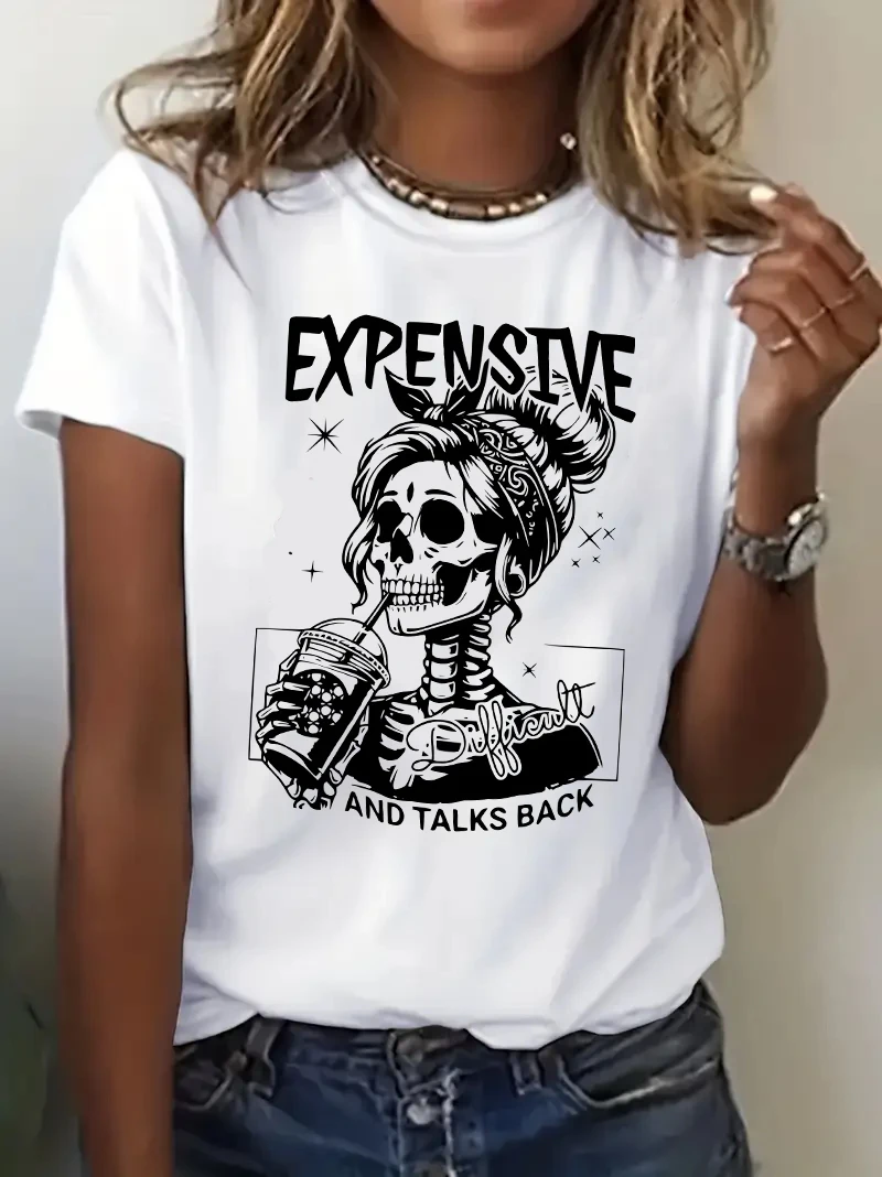 Expensive Difficult Letter Skull Print Casual T-Shirt Graphic Print Design Round Neck Tee Spring Summer T Shirt