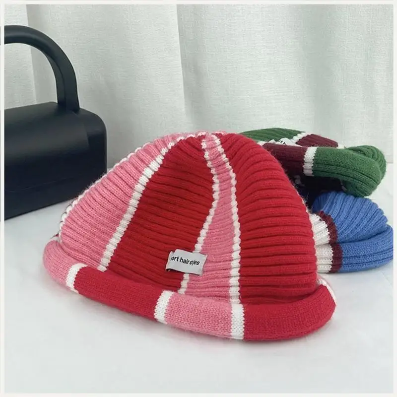 قبعة متماسكة مخططة مستديرة رائعة، قبعة صغيرة، قبعة الهيب هوب، قبعة الجمجمة، مناسبة للجنسين #5