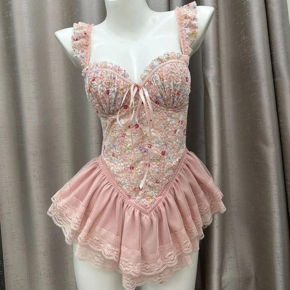 Comfortable Thin Sweet Lace Nightdress Lace-up with Chest Pad Sleeveless Nightwear Beauty-back Homewear Pajamas Women Sleep