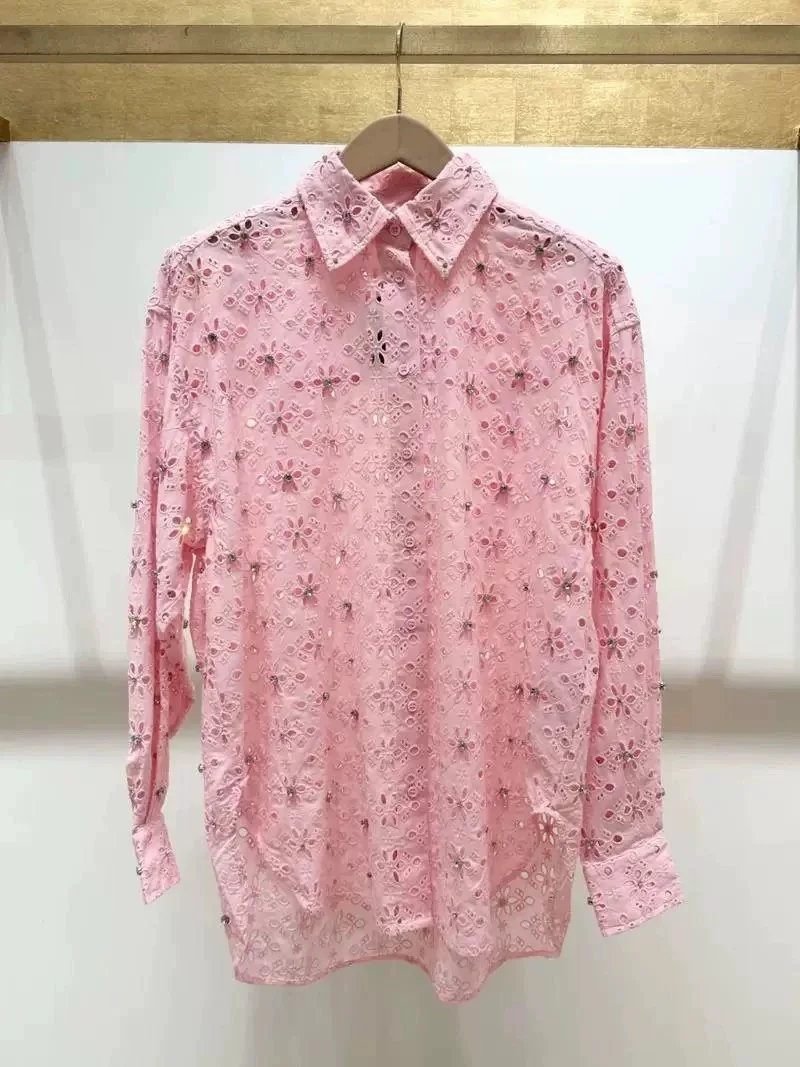 

MJ Home 2025 Early Spring New Pink Hollow Flower Embroidery Handmade Diamond Decorated Turn-down Collar Design Long Sve irt