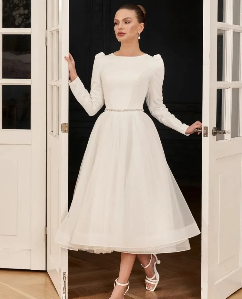 

Classic Short Wedding Dress Long Sleeves Satin Tulle Ankle Length Women Bride Bridal Party Gowns Civil Vestidos De Noiva