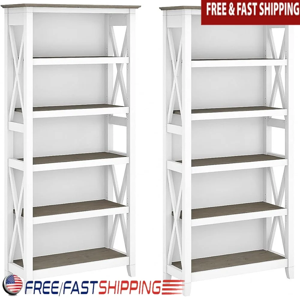 

Set of 2 Tall Bookshelves 5 Shelf Bookcase Adjustable Storage Display Home Office Living Room Library