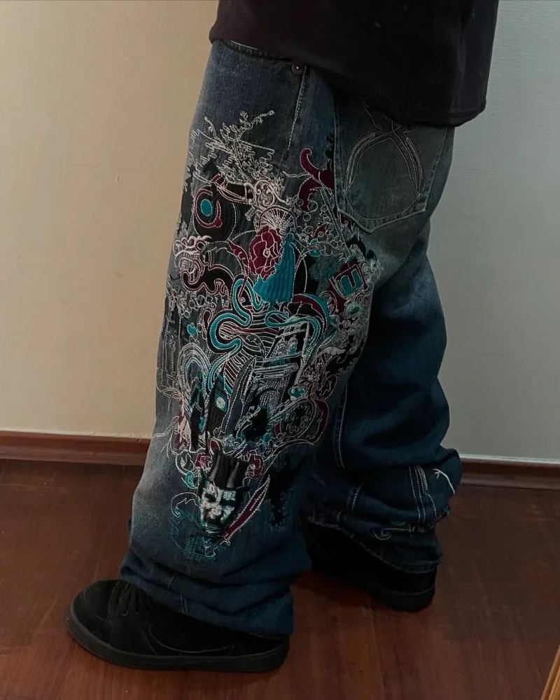 

Ретро Harajuku модные джинсы с высокой талией и графической вышивкой большого размера мужские Y2k американский хип-хоп уличный рок повседневные брюки женские