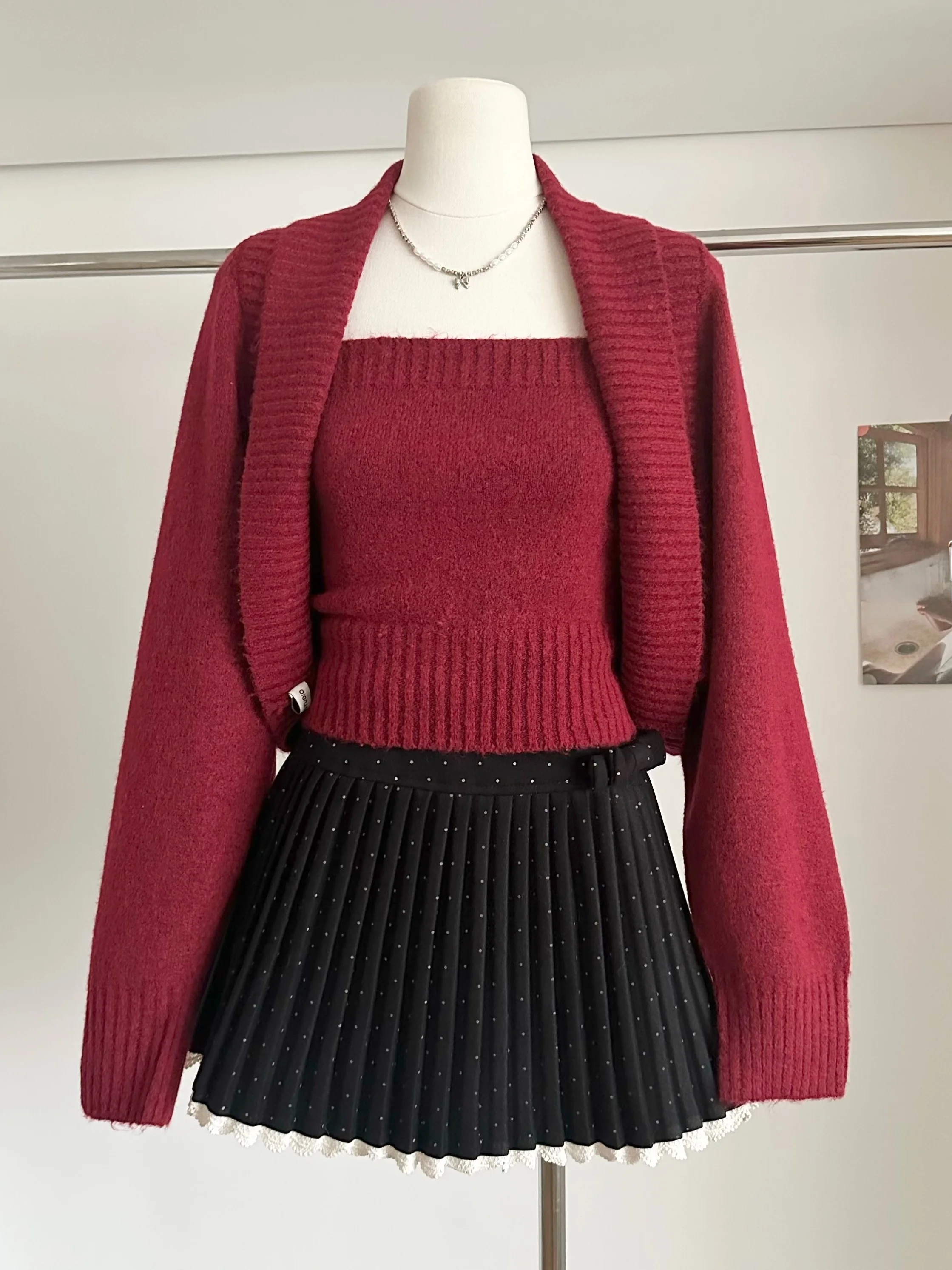 

Fall 2025 Women's Knitted ort Sve Cardigan Sweater Set with awl Collar Base Layer Two-Piece Polyester Fiber Regular Th...