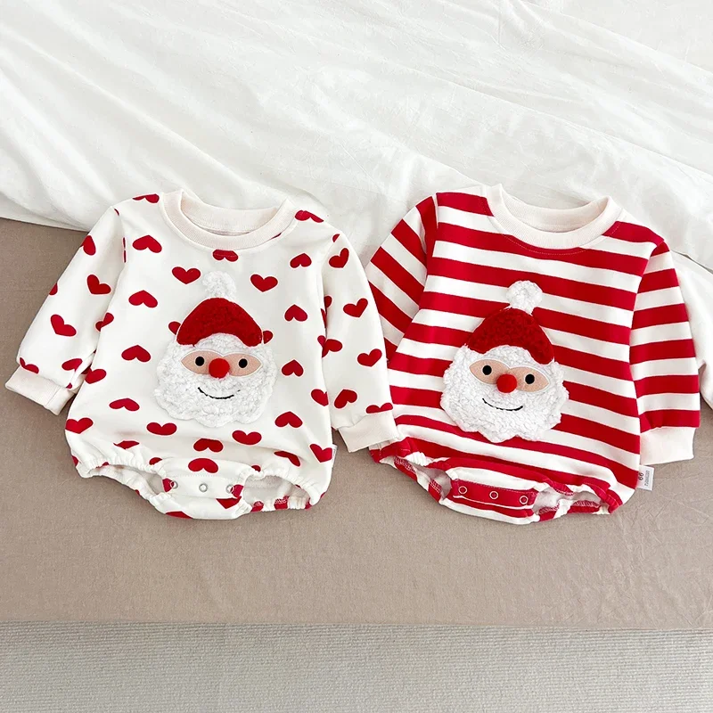 Christmas Girls Jumpsuit Baby Sweater Santa Clause Long Sleeve Rompers Heart Red White Striped Kids Children Sweatshirt Clothing