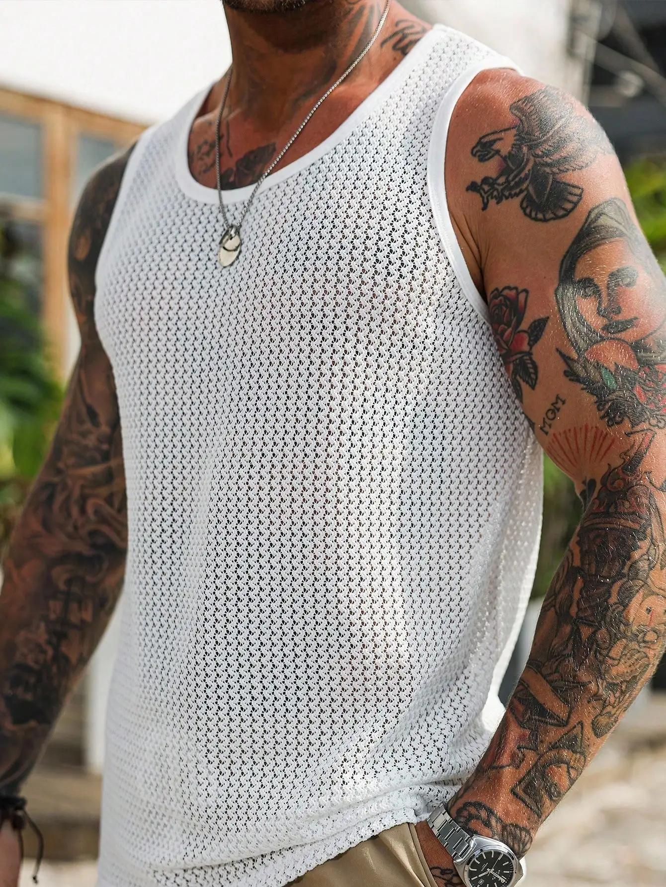

Men's White Mesh Knit Tank Top with Crew Neck, Lightweight Summer Wear