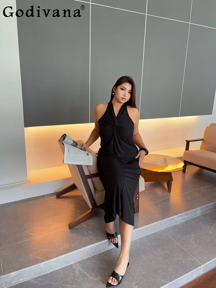 

Women's Summer Plus Size V-neck Black Halter Sleeveless A-line Dress French Street High Waist Elegant Temperament Long Dresses