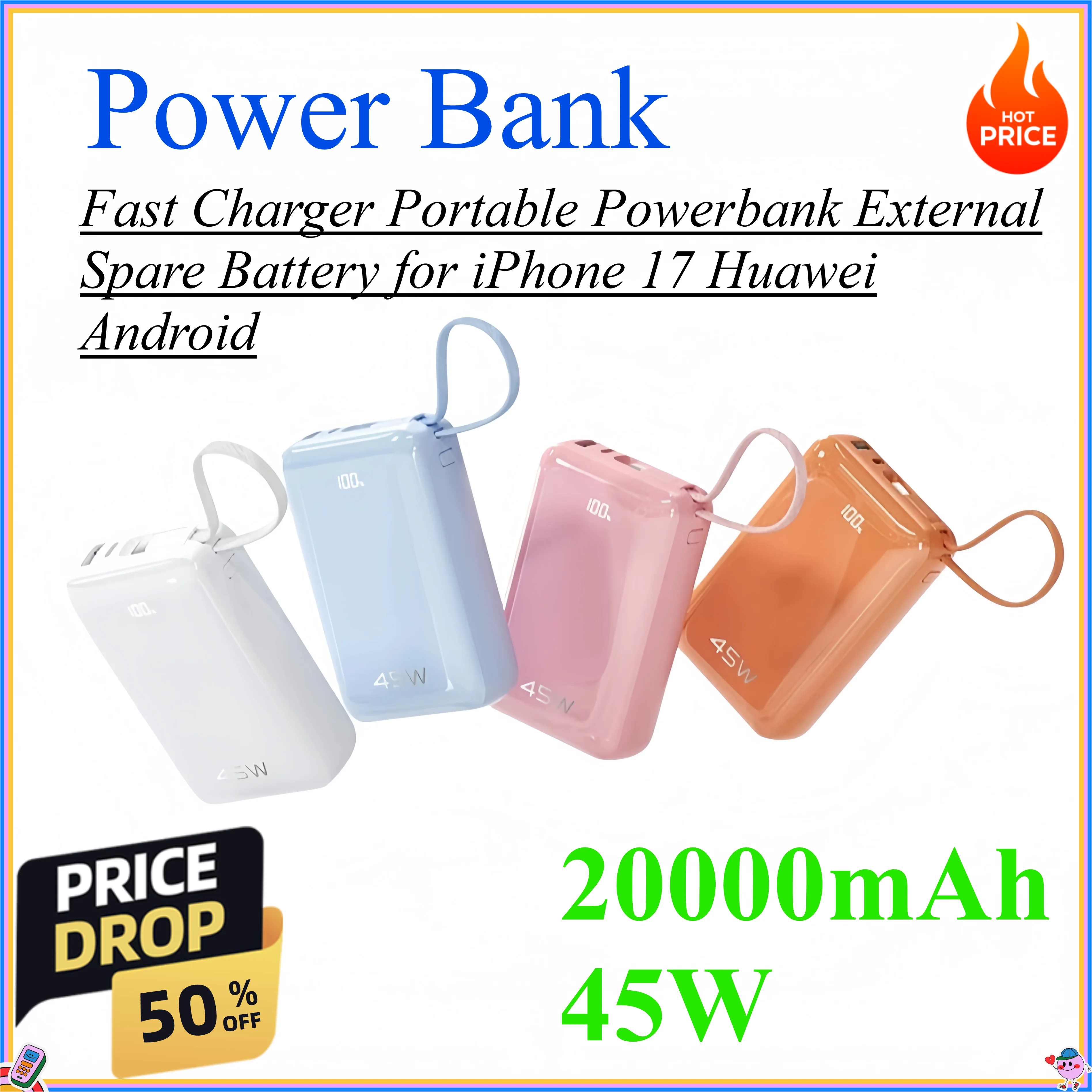 

20000mAh 45W Magnetic Power Bank Wireless Fast Charger Portable Powerbank External Spare Battery for iPhone 17 Huawei Android