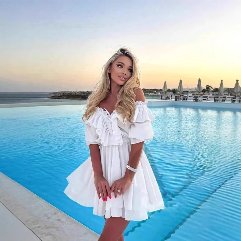 

2025 Fashion V Neck White Short Dress Women Ruffle Flare Sleeve Custom Design