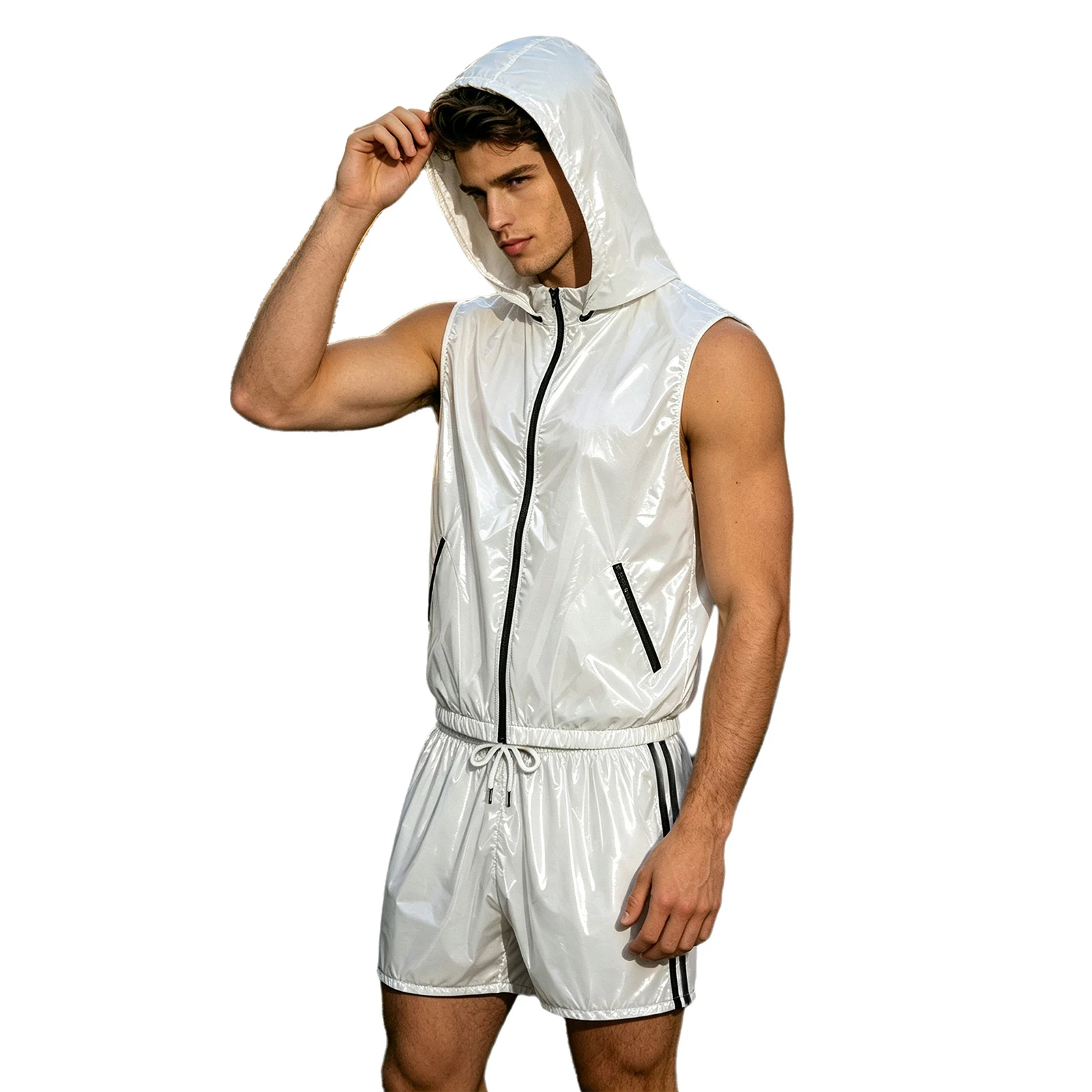 Men 2pcs Waterproof Tracksuit Sweatwear Sleeveless Zipper Hooded Vest And Built-in Briefs Boxer Shorts Set