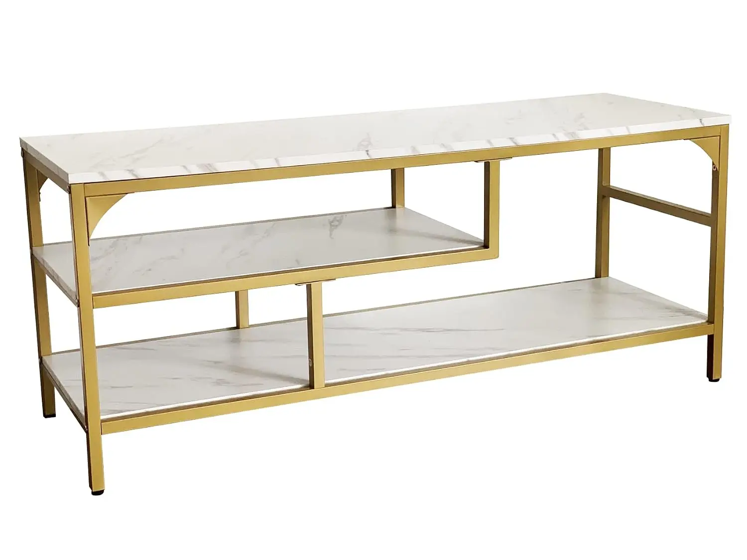 3-Tier TV Stand Media Console with Open Storage for Living Room Bedroom, Gold Frame White Marble Top, Customized