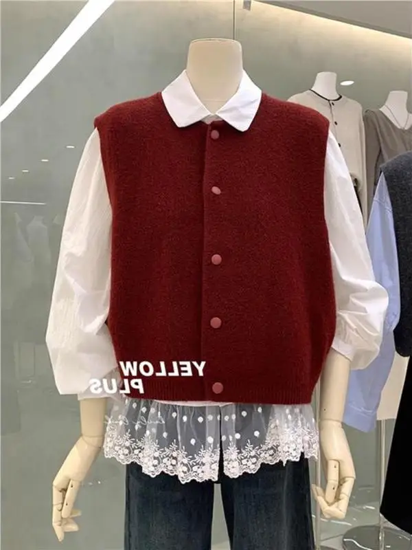 Koreanische Sle runde Ne Svel Taste Gestrickte Weste frauen Herbst Winter Neue Sle Top Layered oulder Pad Weste