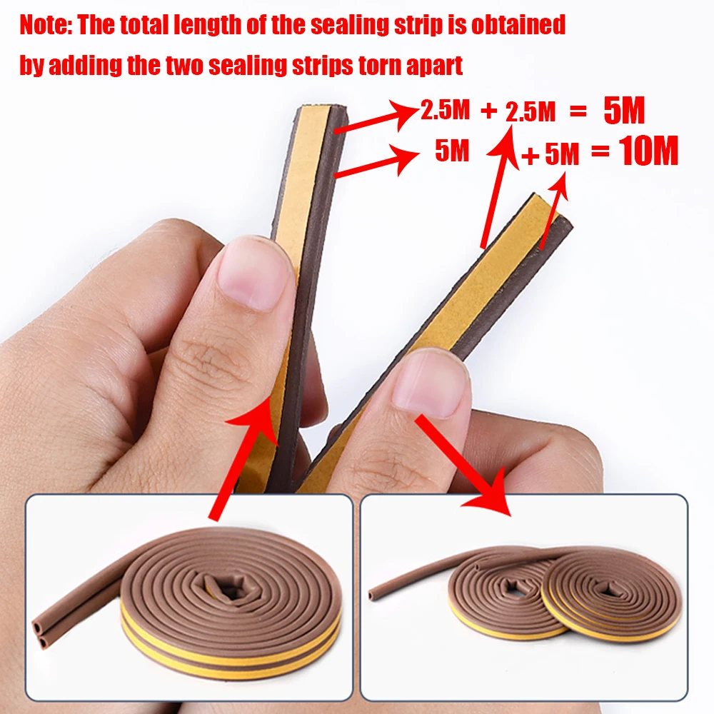 5m/10m Self-adhesive Door Seal Strip Diep Draft Stopper Tape Window Weather Stripping Insulation Noise Rubber Sealing Strip