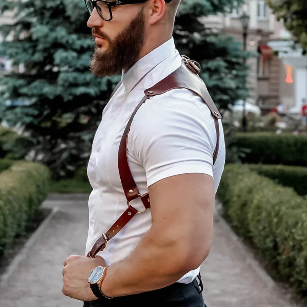 Men\'s Suspenders Vintage Brown PU Leather Straps Braces Suspender Men Harness Punk Chest Shoulder Belt Strap Apparel Accessories