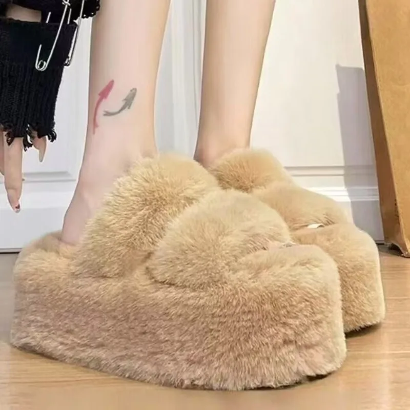 

Удобные и модные женские меховые тапочки, туфли на плоской подошве с пушистым мехом, домашние уличные тапочки с перекрестным ремешком на толстой подошве