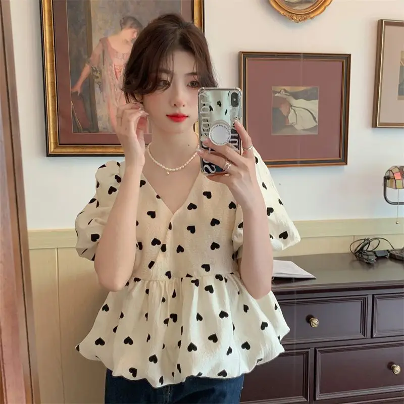 

Sweet V Neck Floral Shirt Tops Summer New Short Sleeve Print Pleated Loose Temperament T Shirts Fashion Vintage Women Clothing