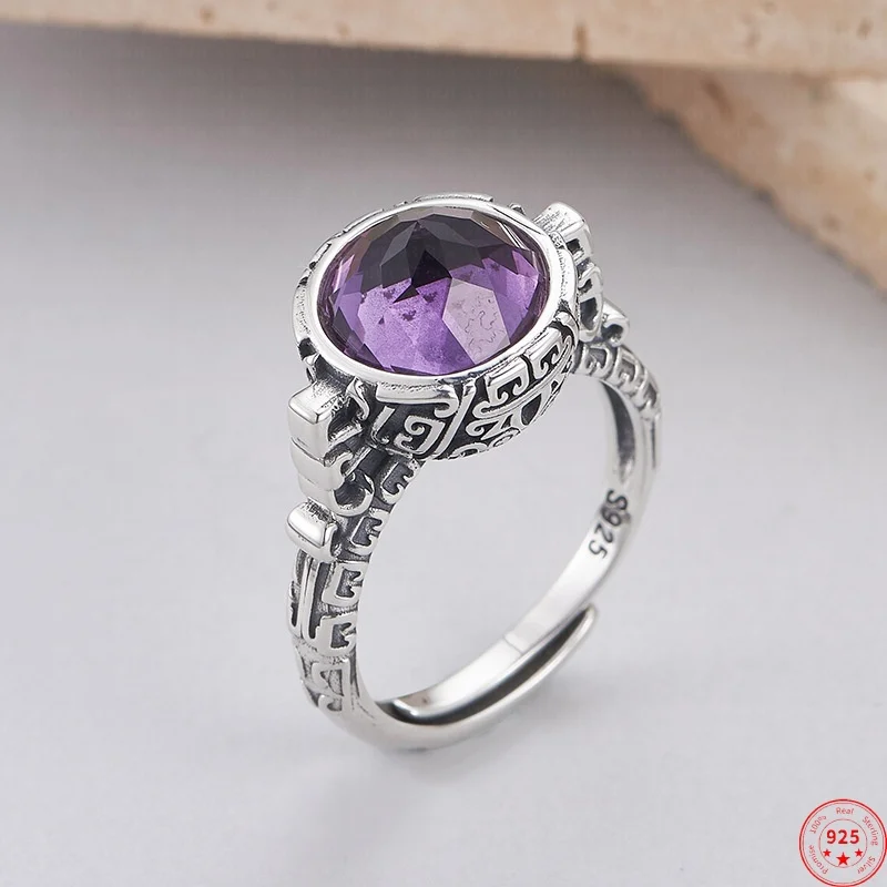 S925 Sterling Silver Charms Rings for Women Retro Eternal Rattan Pattern Inlaid Tangent Plane Amethyst Fashion Jewelry Wholesale