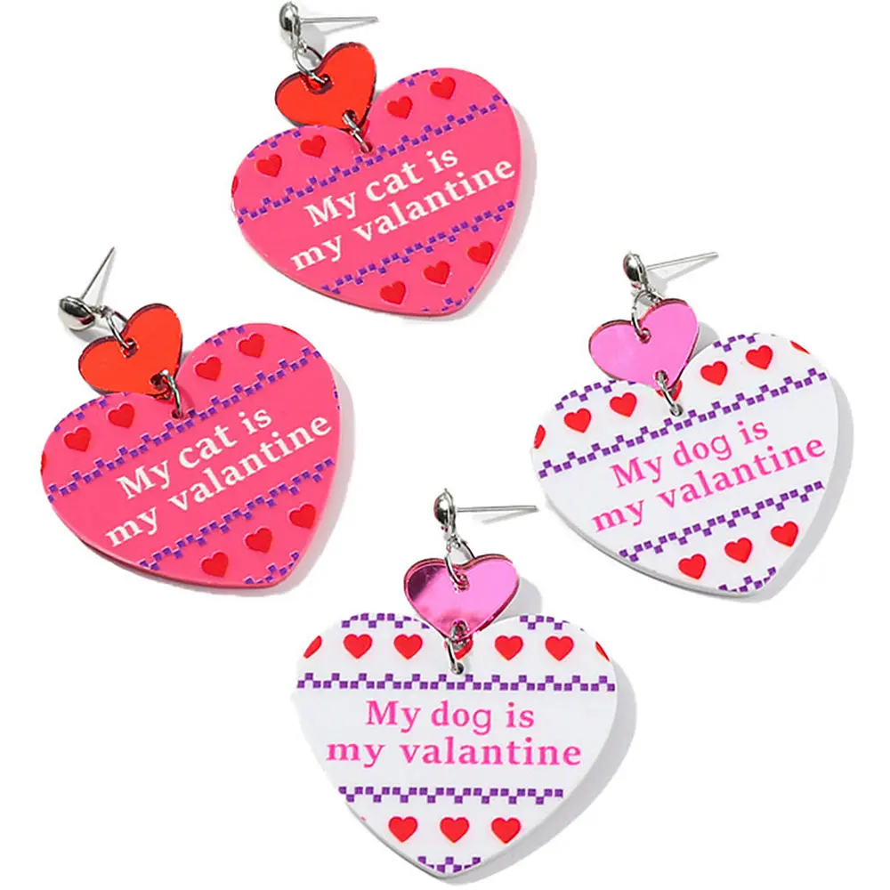 

Pink White Love Acrylic Drop Earrings for Women New Heart My Dog/Cat is My Valantine Letter Earring Jewelry Valentine's Day Gift