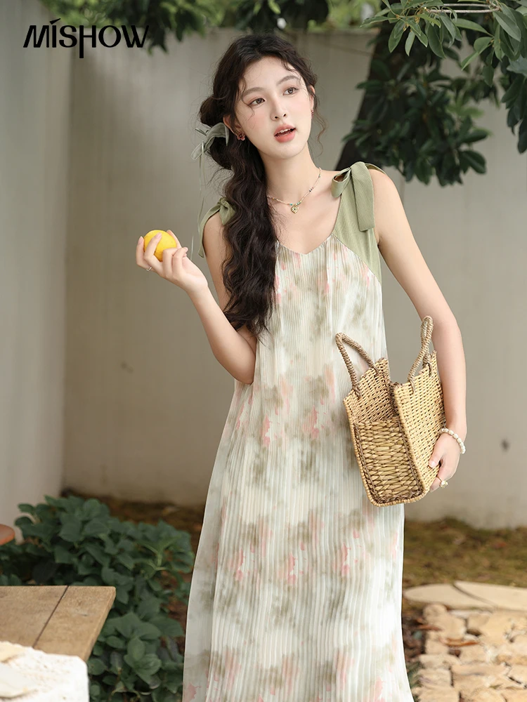 

MISHOW French Lazy Suspender Floral Chiffon Dress 2024 Summer Fairy Seaside Vacation Dress V Neck A-LINE Dresses MXD28L1862