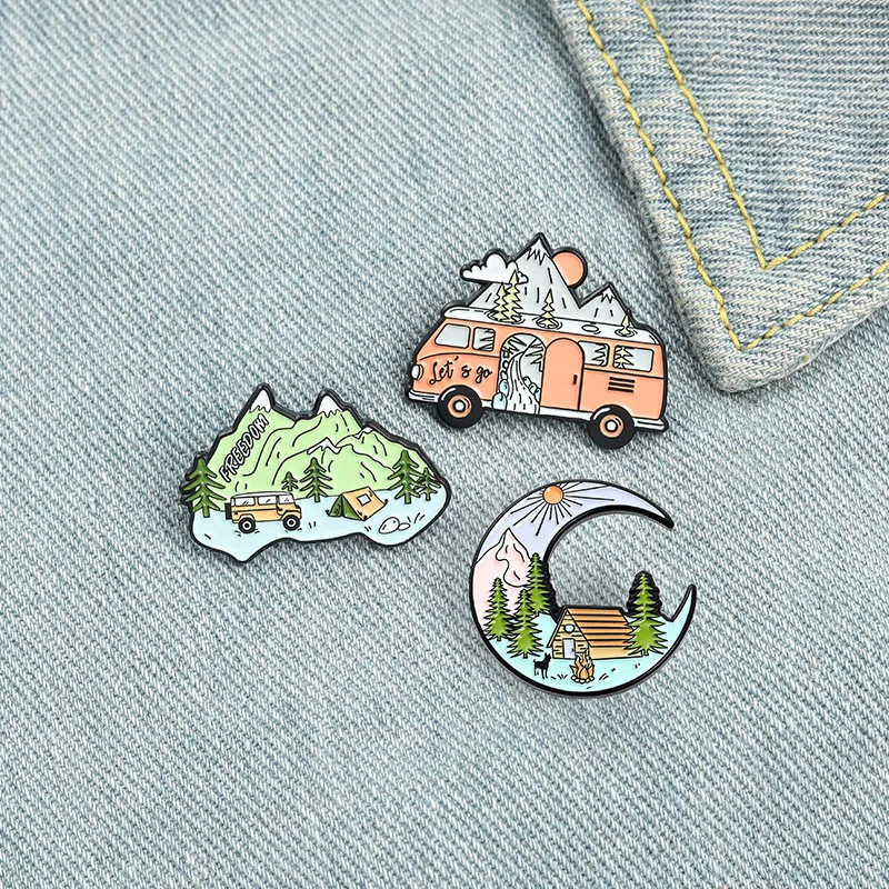 Scenic Map Moon Shaped Bus Peak brooch Enamel Pin Jacket personality accessories Friends and children cute Gift DIY hat