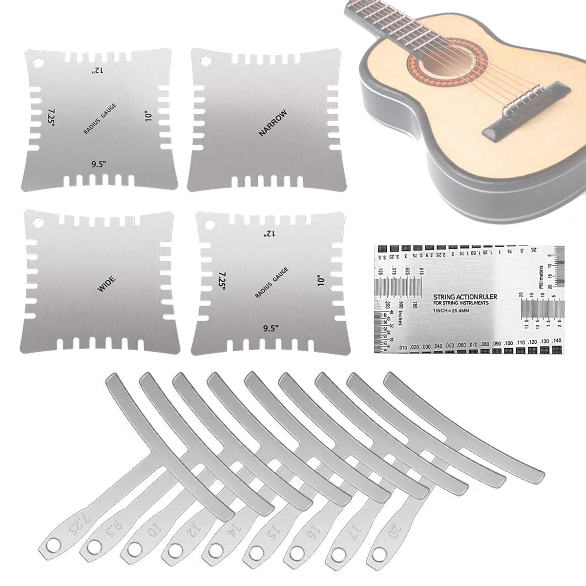 Miwayer Luthier Messwerkzeug-Set – 9 T-förmige Radiusmessgeräte + 4 Kerbengrößenmessgeräte + Action-Lineal, für Gitarren-/Bass-Aufbau & Reparatur