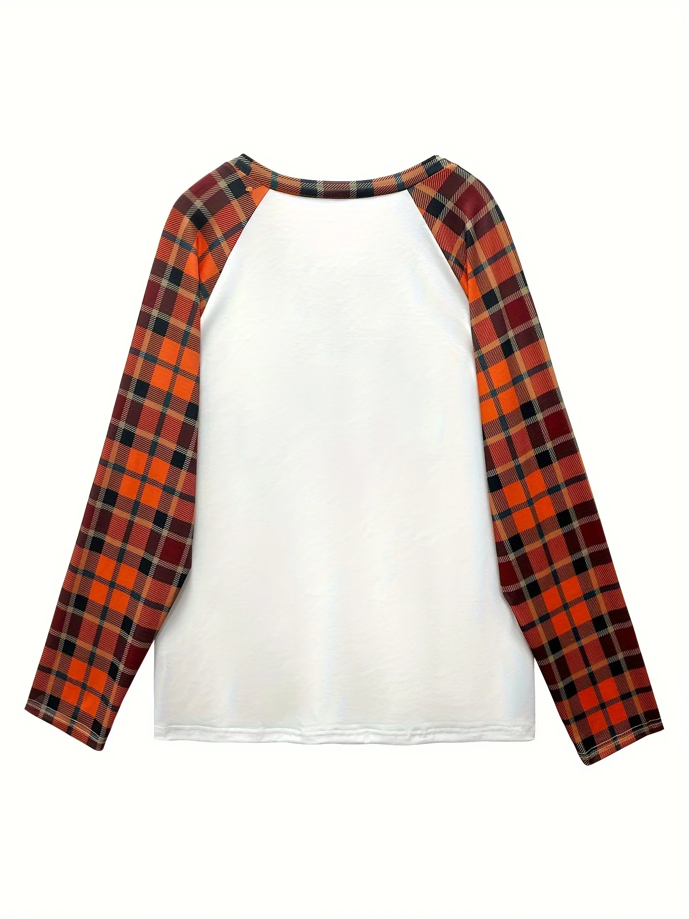 Amerikanisches Retro-Halloween-Themen-Damen-Langarmshirt mit kariertem Kürbis-Print und V-Ausschnitt – Detail 2