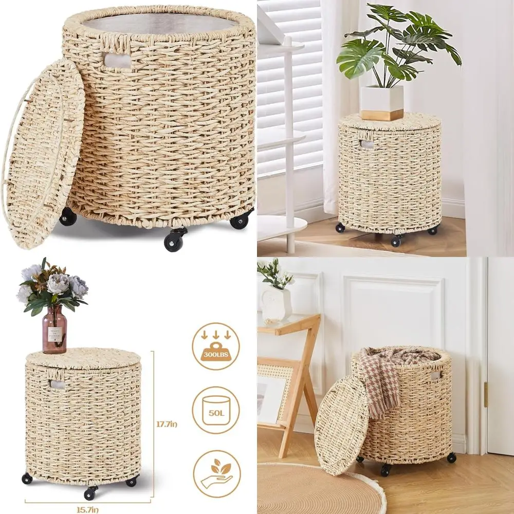 

Vintage Multipurpose Rolling Hamper with Brakeable Wheels, Lid, and Braid for Laundry Storage and Handwave Clothes Organization