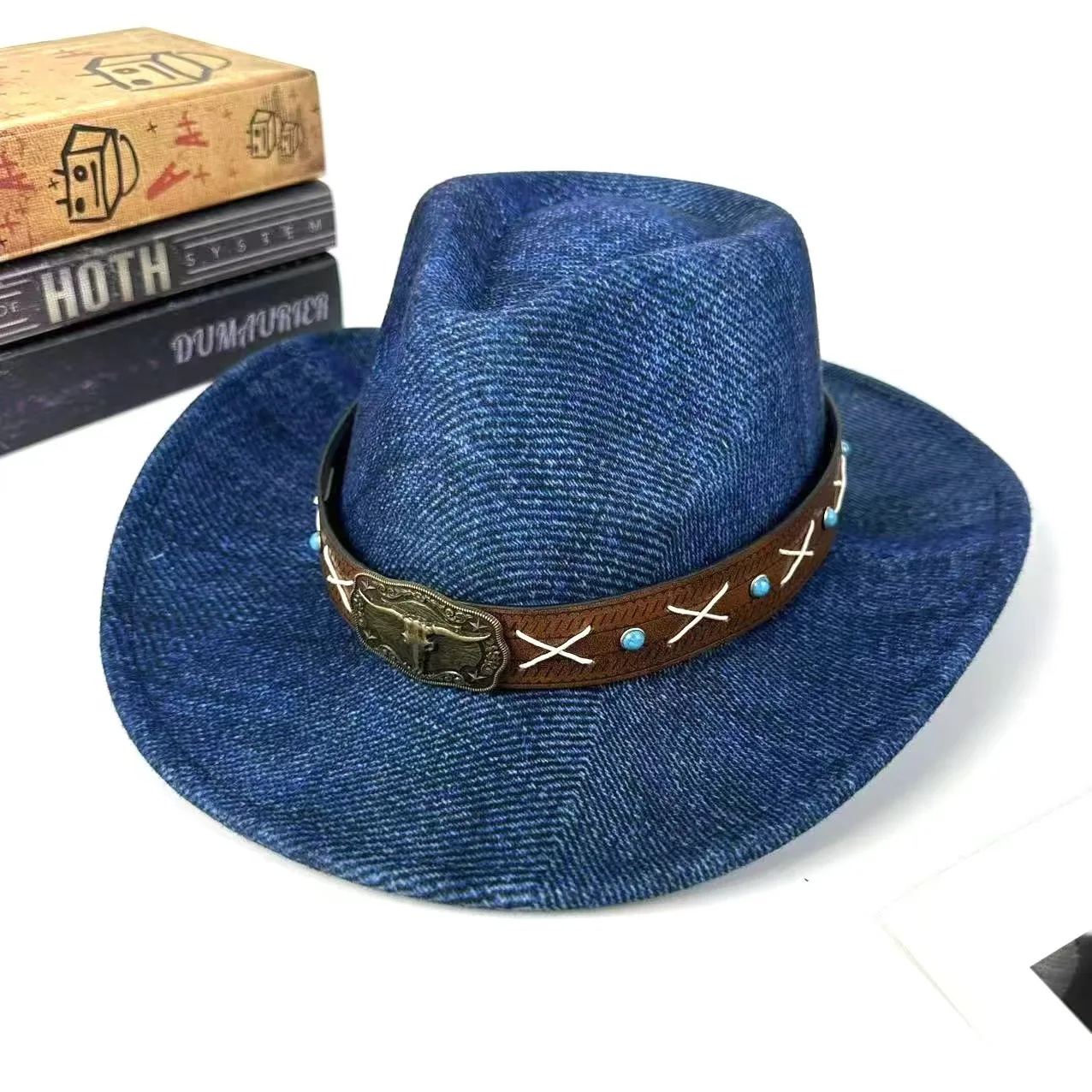 Bull head belt western denim  new men's and women's European, American retro British performance jazz top hat