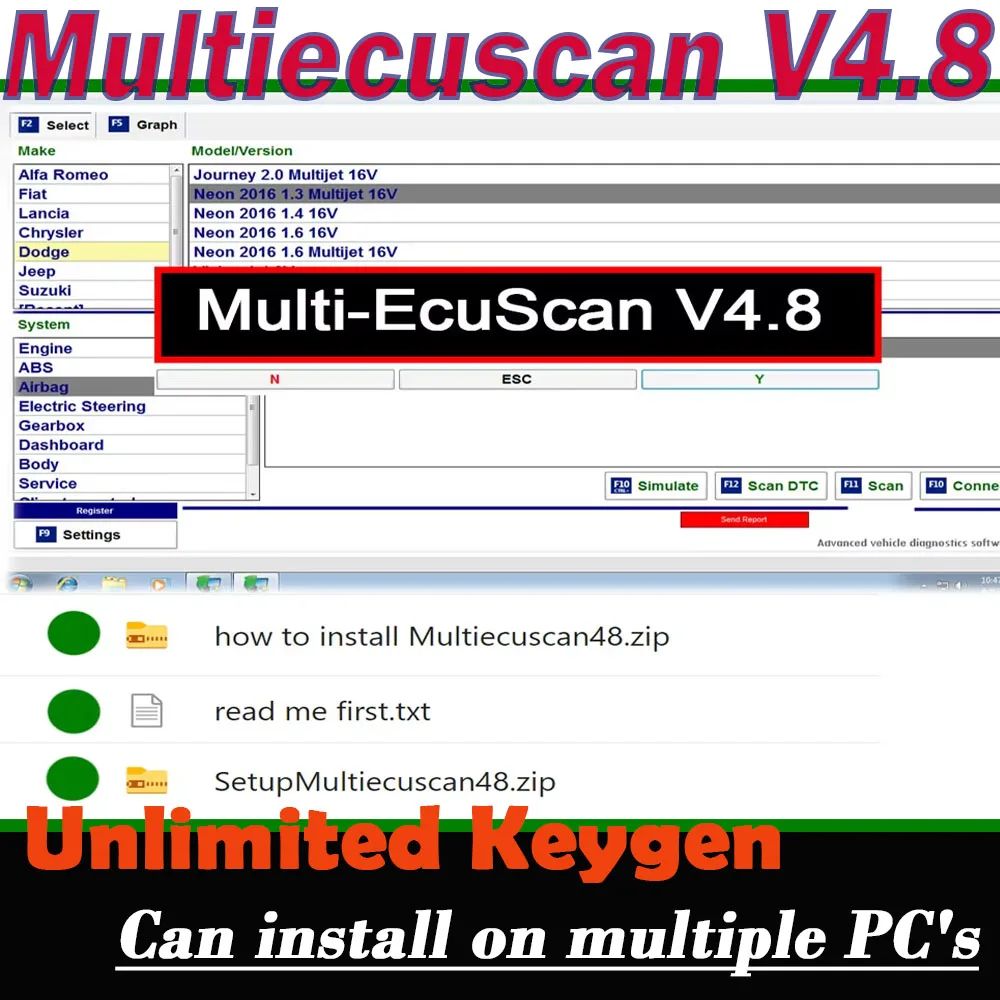 2024 New Multiecuscan V4.8 For Fiat/Chrysler/Dodge/Jeep/Suzuki Scanner Software 4.8 Work With ELM327 / OBD II Diagnostic Tool