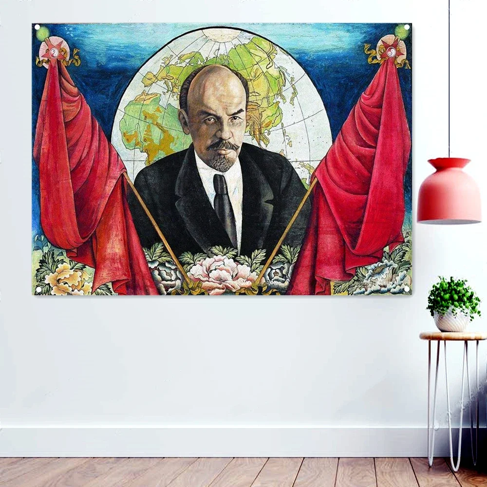 Vladimir Lenin Communist Revolution Flag Banner Wall Art Poster Tapestry USSR Russian CCCP Propaganda Pictorial Home Decoration