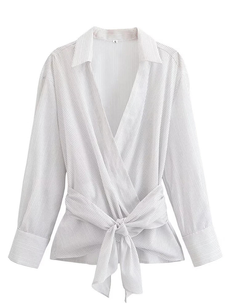 Camisa con estampado a rayas para mujer, camisa elegante de ocio con cuello en V y botones de manga larga con cinturón, nueva moda de otoño 2025