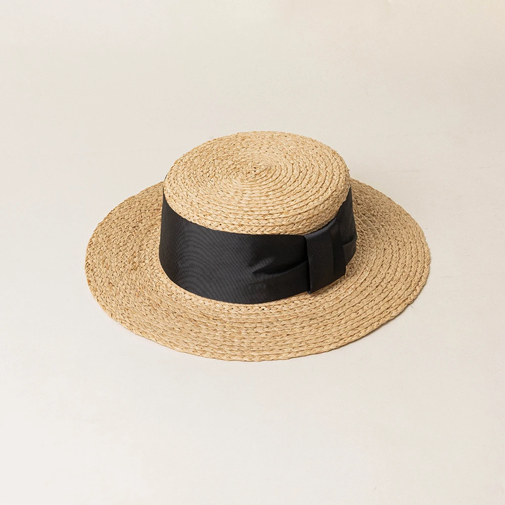 100% Natural Raffia Straw Boater Hat With Wide Ribbon Band Summer Straw Hat