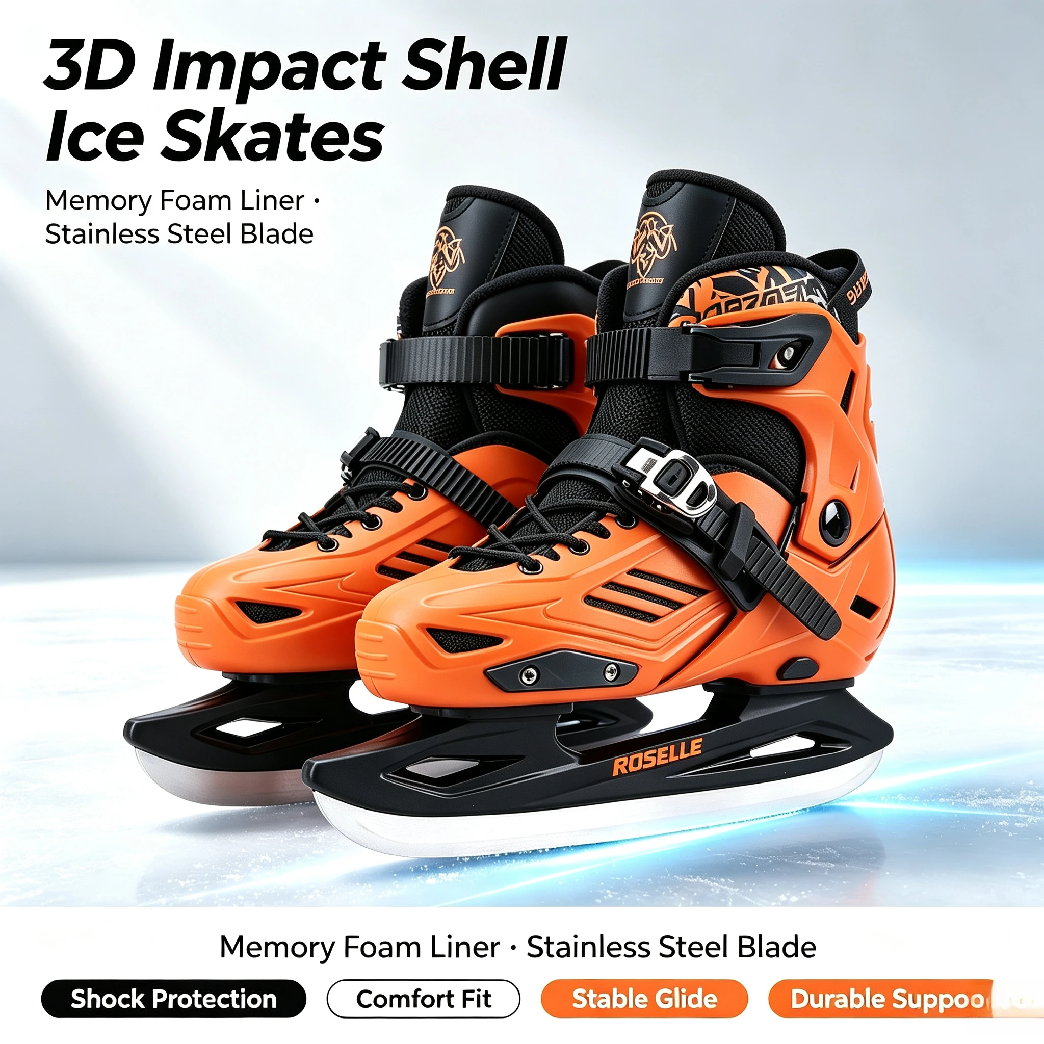 3D Impact-Resistant Shell Ice Skates Real Ice Skating Shoes With Stainless Steel Blade for Adults Beginners Ice Rink Skate Boots