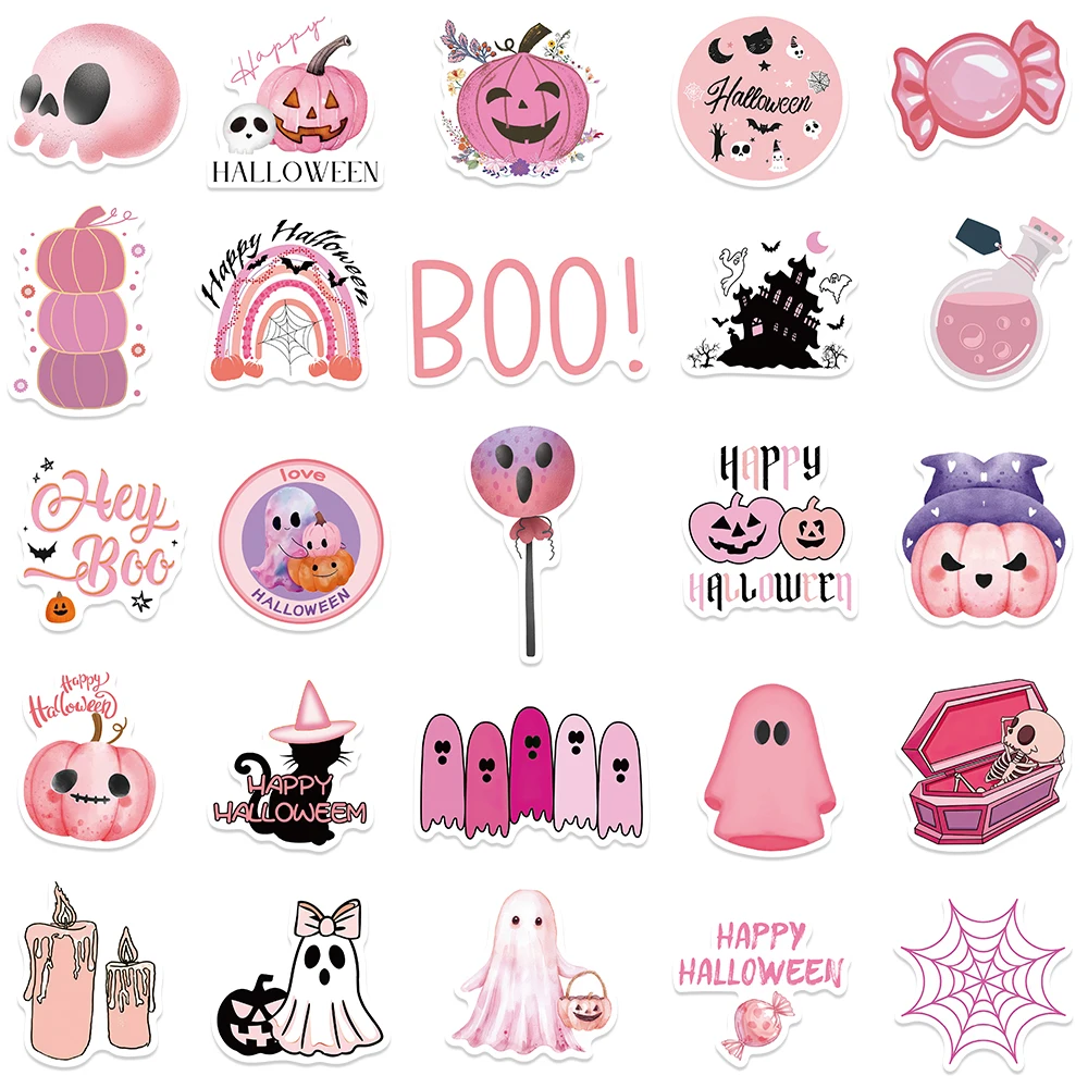 50PCS Pink BOO Ghost Halloween Cute Stickers for Students Gift Diary Car Scrapbooking Notebooks DIY Laptop Phone Bottle Decals