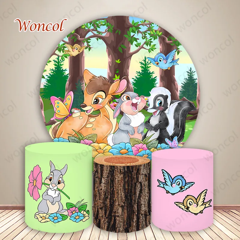 Bambi Round Backdrop Cute Deer Birthday Backdrop Disney Bambi Cylinder Cover Baby Shower Party Decorations Photo Studio Prop