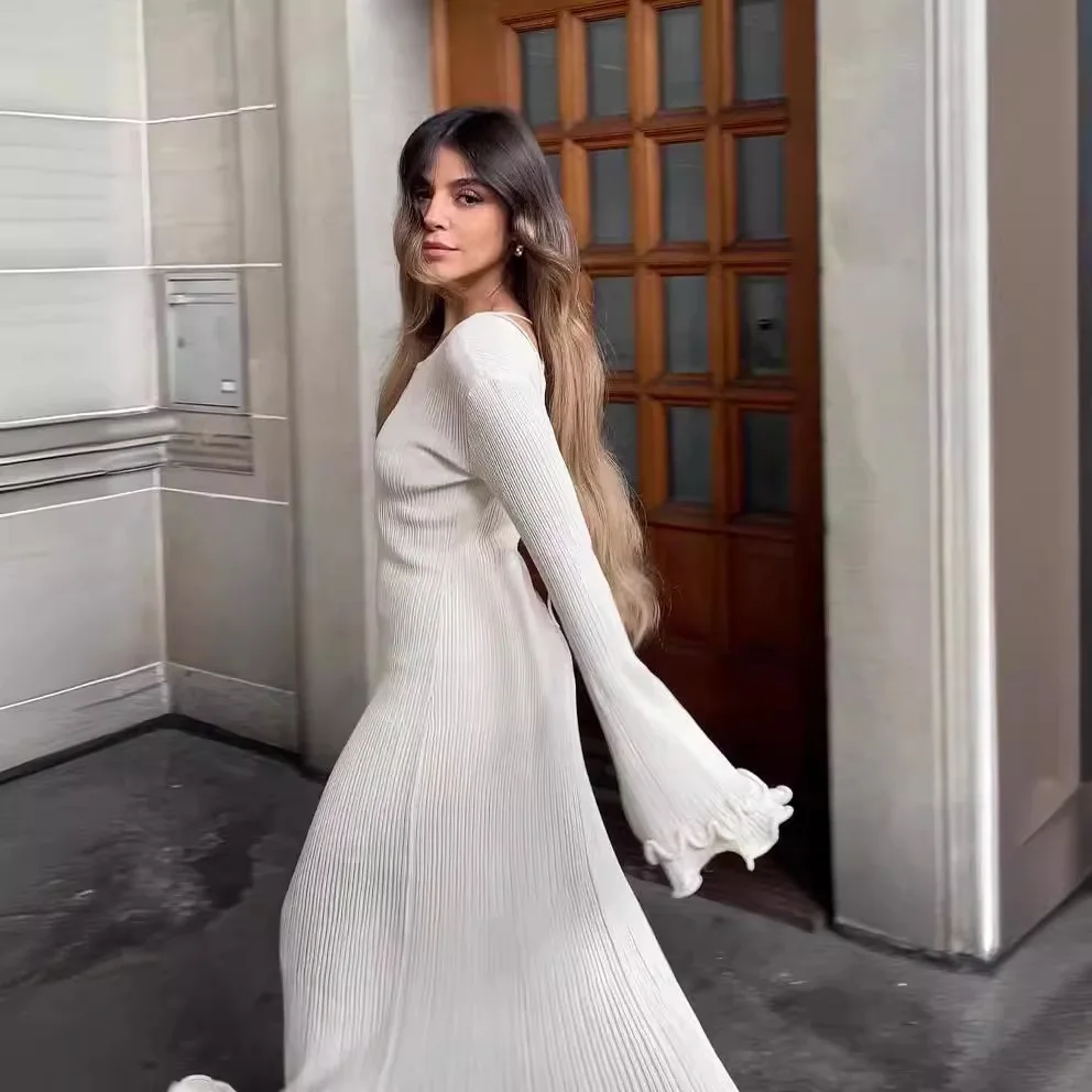 Moda retro sem costas manga longa vestido de verão sexy spice girl plissado onda borda bege bodycon vestidos de tricô feminino