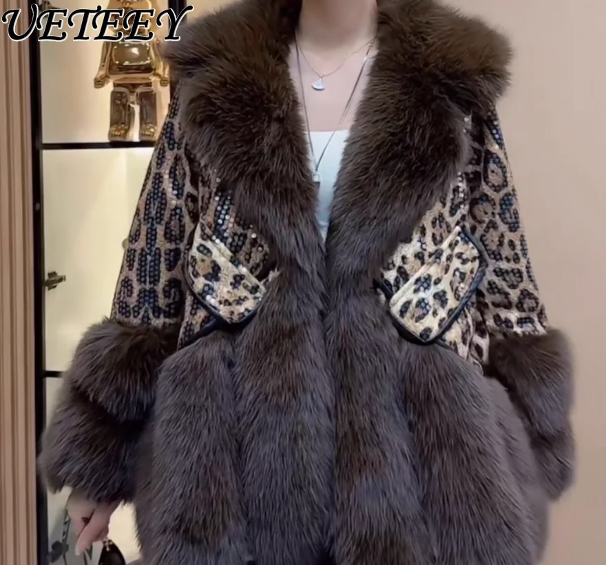 جديد المرأة ليوبارد طباعة الترتر فو الفراء معطف مع طية صدر السترة الكبيرة الشتاء أنيق الشباب موضة مبطن الدافئة الراقية سترة