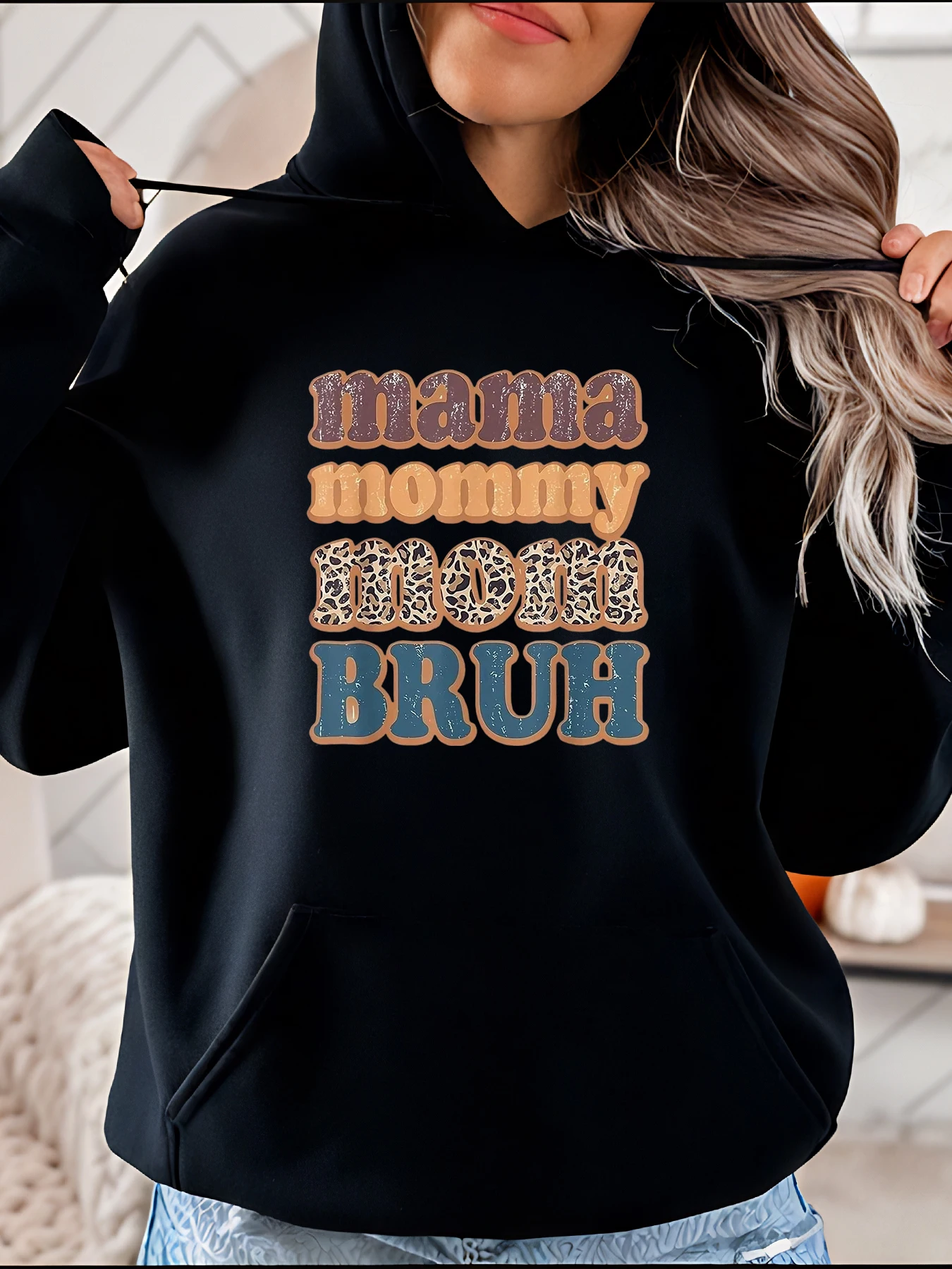 

Толстовка с принтом Mama Mom Bruh, повседневная уличная одежда с леопардовым узором, женская повседневная одежда