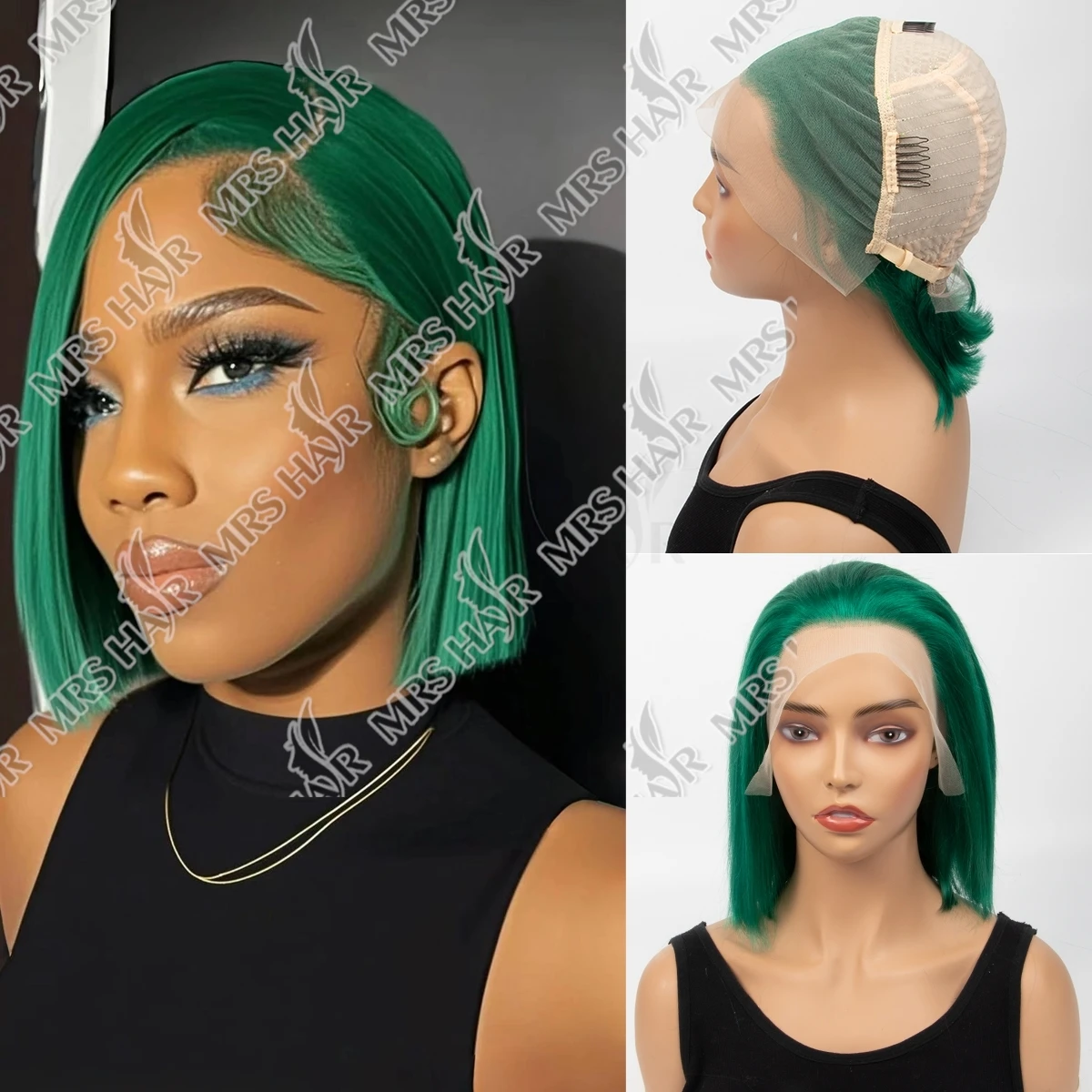 

Short Bob Wig Human Hair 13x4 Lace Front Wig Human Hair 180% Density Straight Glueless Transparent Lace Green Human Hair Wig