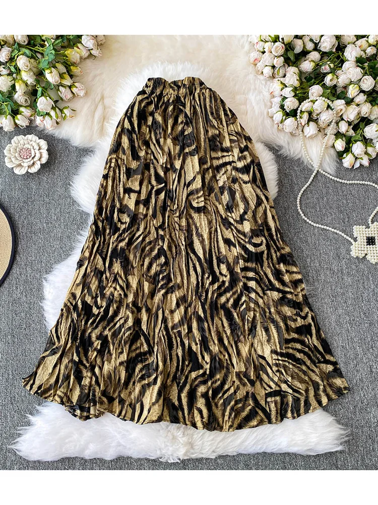 

Women's Summer Skirt Korean Version Casual Pleated High Waisted Design A Niche Printed Temperament Knee Length Faldas SK048