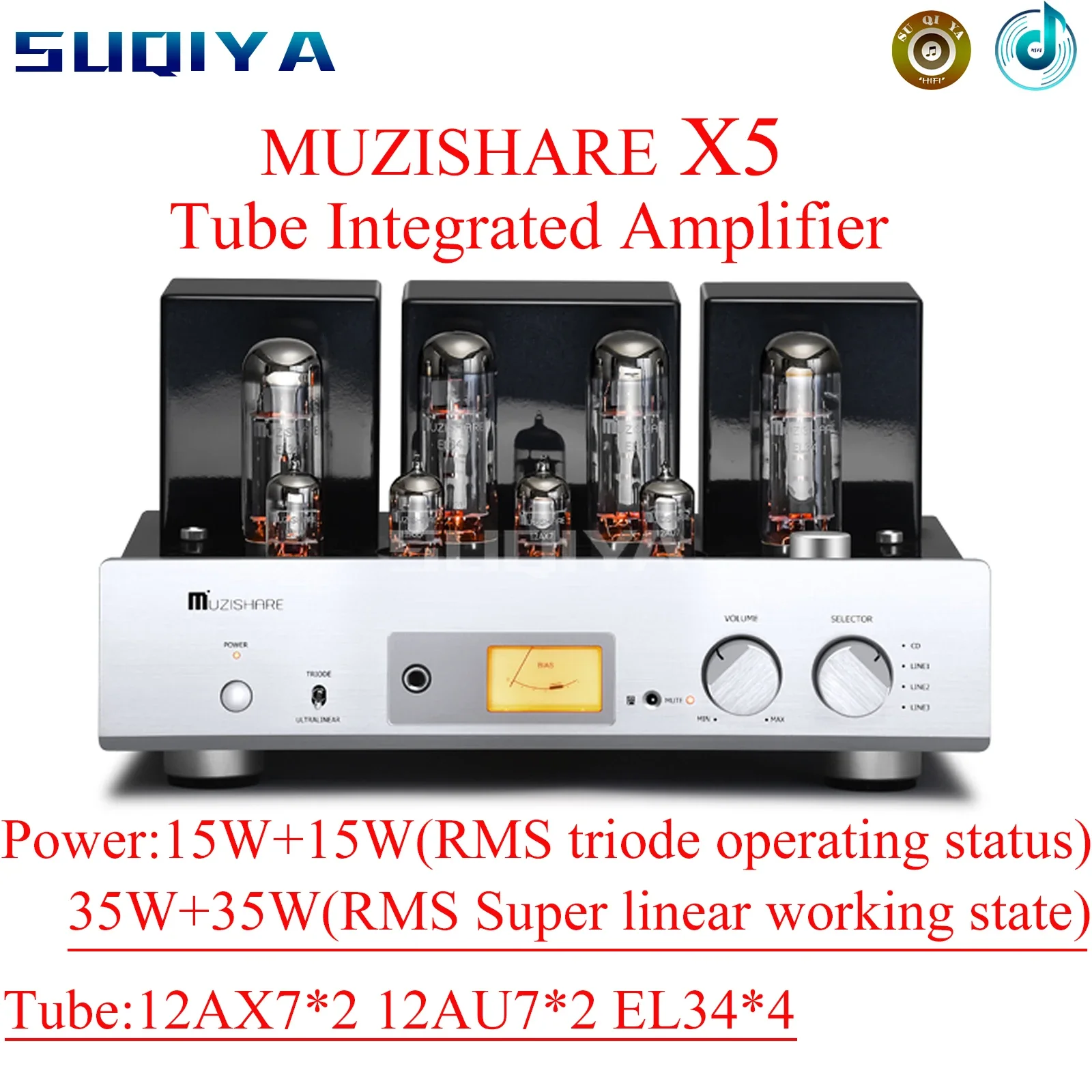 

SUQIYA-MUZISHARE X5 Tube Amplifier EL34 HiFi Home High-end Audio Sound Amplifier 12AX7 12AU7 Push-Pull 15W-35W